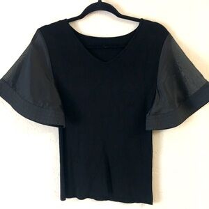 V- Neck Stretch Blouse With Sheer Puffy Sleeves Black Small